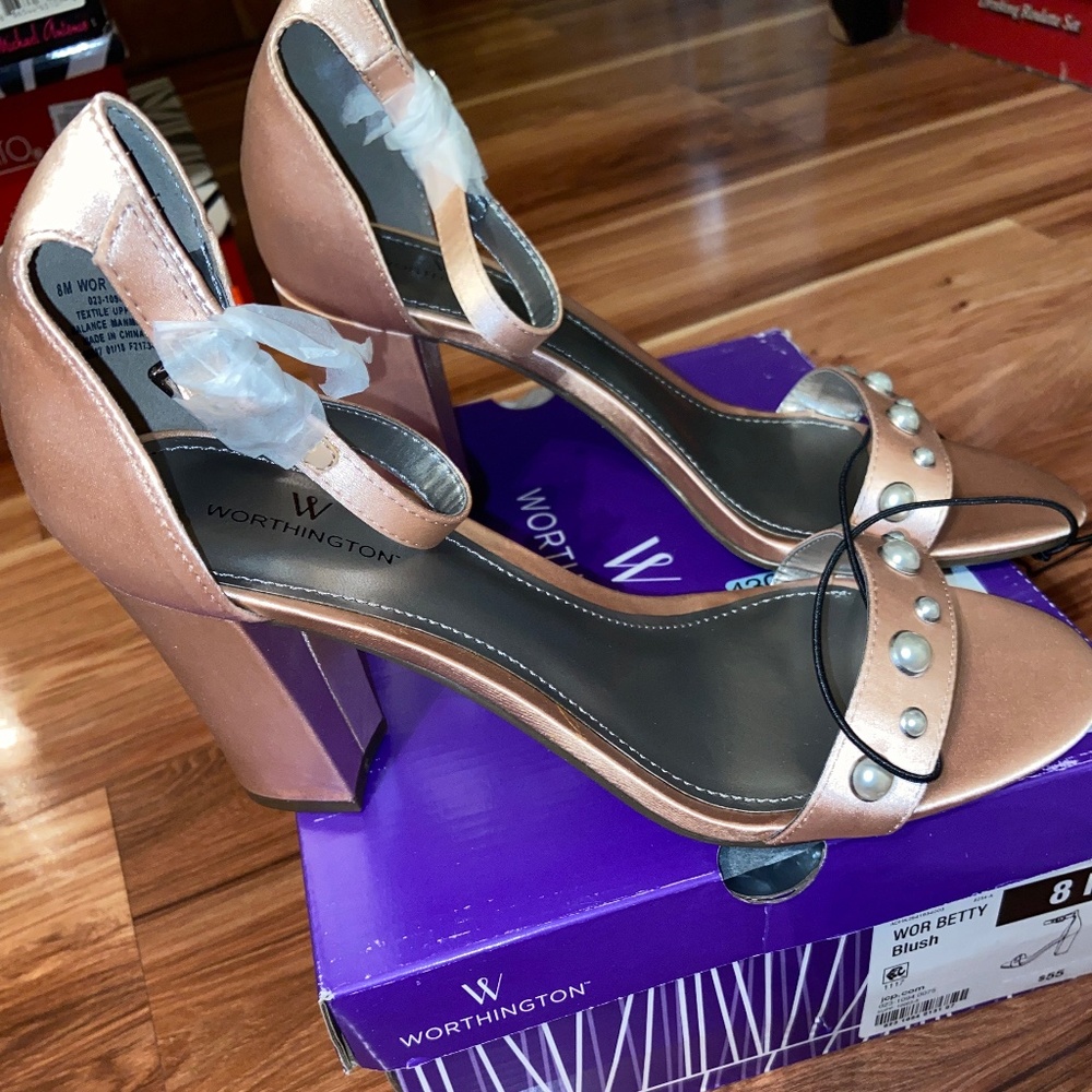 Brand New Satin w/Pearls Chunky Heels